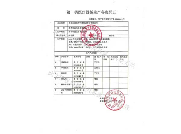 第一类医疗器械生产备案凭证